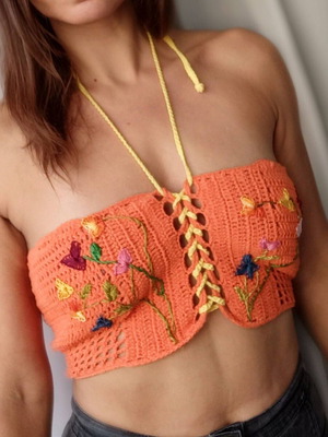 Handmade knitted top new, Medium, orange with embroidery