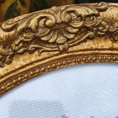 Vintage gobelin with birds used, golden baroque relief frame