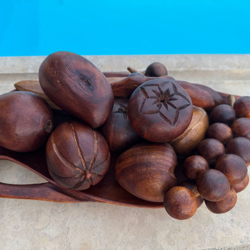 Vintage handmade wooden decorative set with wooden fruits