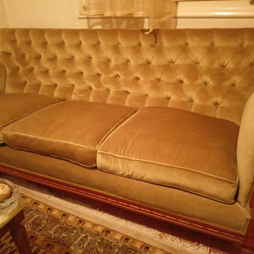 60s Wooden Carved Three-Seater Sofa With Green Velvet Intact Like New