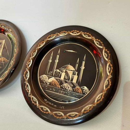Set of 2 vintage Turkish copper decorative wall plates used 19cm