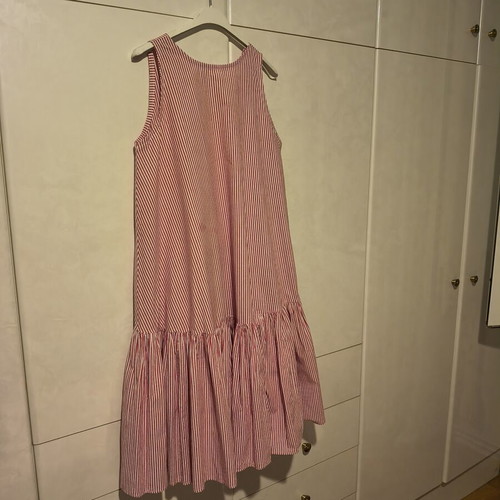 Red and white striped midi dress with ruffles, cotton, size M