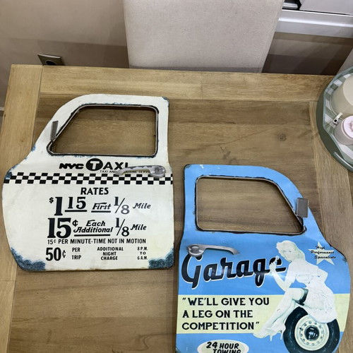 Retro 3D Metal Wall Signs set of 2 used, vintage car door design