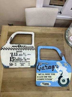 Retro 3D Metal Wall Signs set of 2 used, vintage car door design