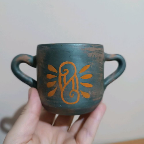 Handmade ceramic mug with two handles like new