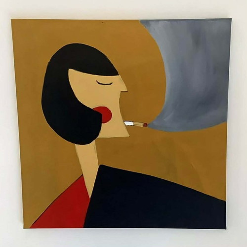 Painting on canvas 40x40 cm tempera, new, Woman smoking