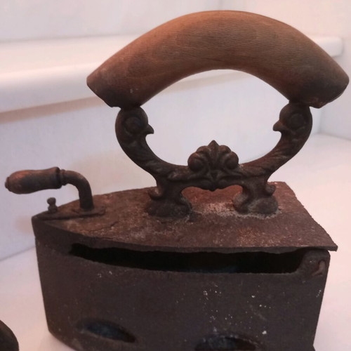 Old charcoal irons used, set of two, cast iron