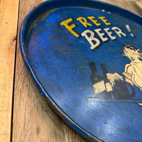 Vintage metal tray "Free Beer" used, retro pub decor