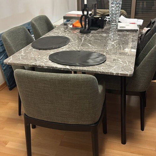 Modern dining set with marble table and wooden legs, 6 chairs