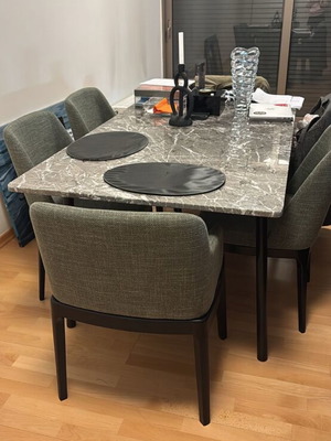 Modern dining set with marble table and wooden legs, 6 chairs