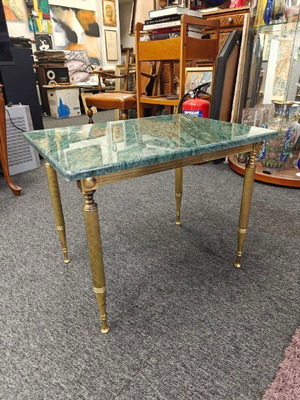Vintage French table with green marble top and brass frame used