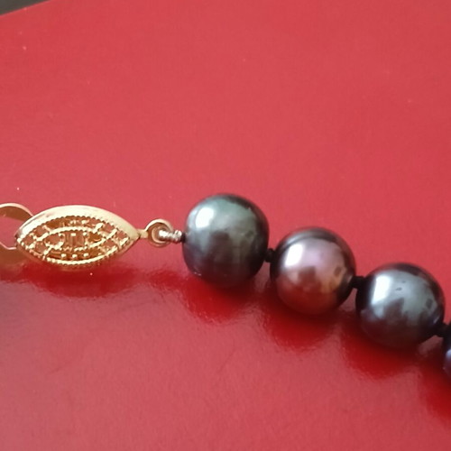 Necklace with natural black pearls 1 mm, gold-plated clasp, new