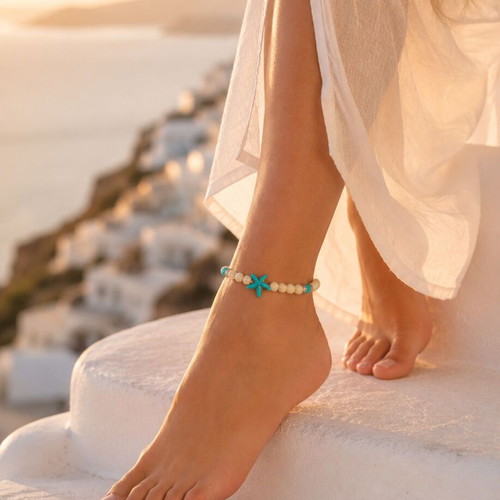 Handmade anklet bracelet with semi-precious stones turquoise hematite and chaoite