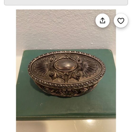 Vintage silver-plated jewelry box new with embossed designs and blue velvet