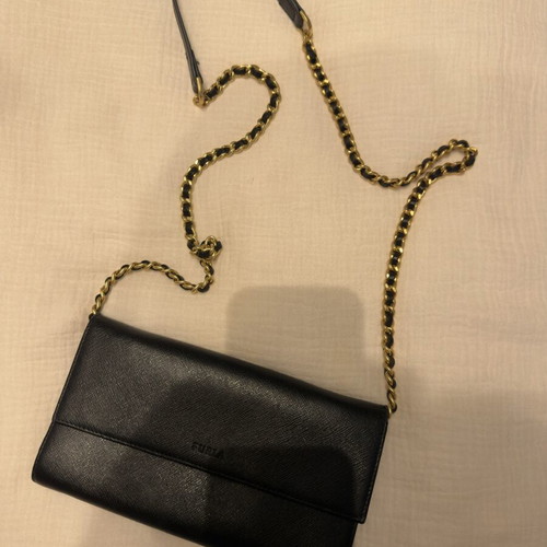 Furla clutch bag with chain black leather used