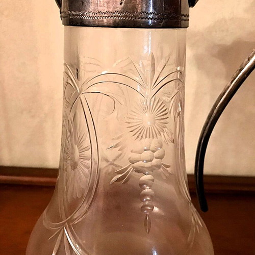 Vintage carafe used with engraved glass and silver-plated metal