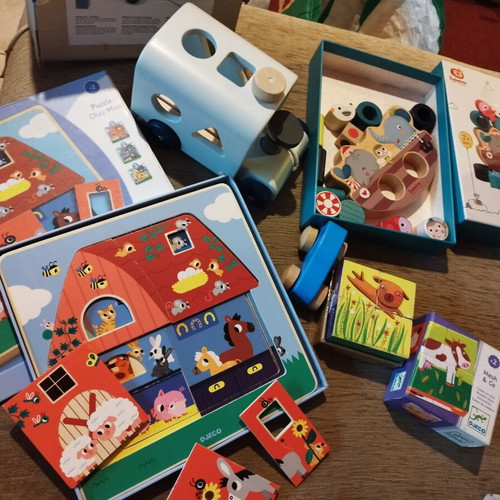 Wooden educational toys used, pack with boxes