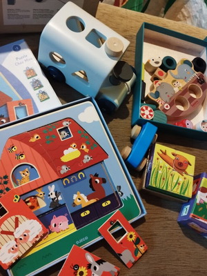 Wooden educational toys used, pack with boxes