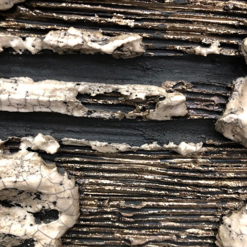 Wall ceramic sculpture used, moon on black wooden panel