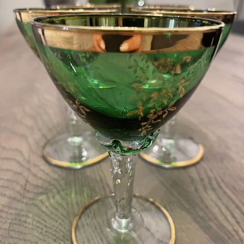 Antique green liqueur glasses with gold decoration, like new