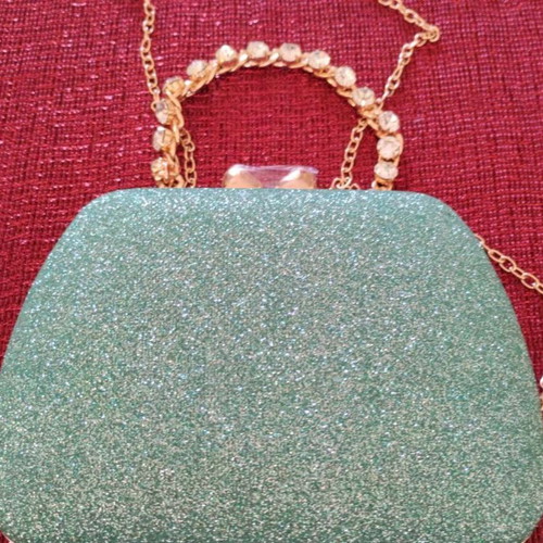 Mint rhinestone clutch bag new with heart clasp and chains