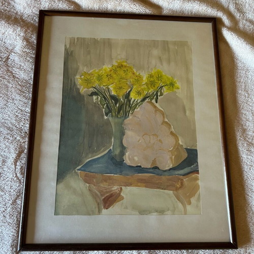 Painting used with still life and bouquet of flowers