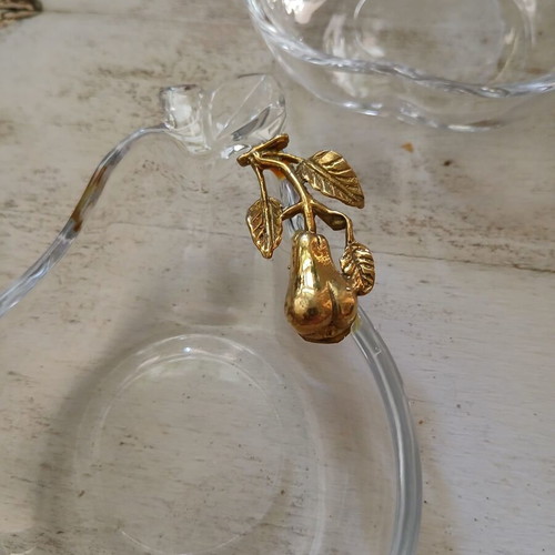 Vintage glass bowls shaped like pears with brass fruit detail, like new