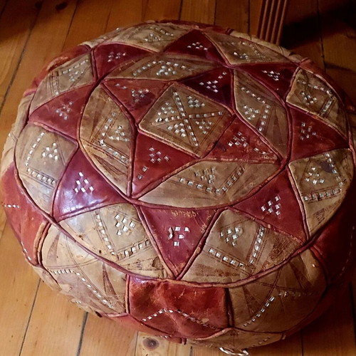 Moroccan handmade pouf from genuine leather used