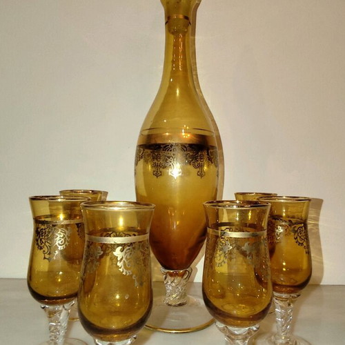 Liqueur set used, decanter with stopper and 6 glasses, antique 1930