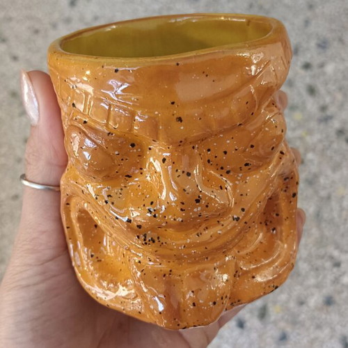 Handmade ceramic tiki mug used, terracotta clay, orange and yellow