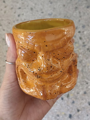 Handmade ceramic tiki mug used, terracotta clay, orange and yellow