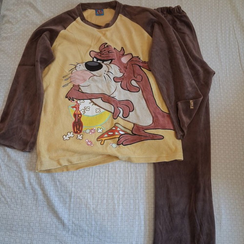 Adult pajamas with Taz Looney Tunes print, like new, brown and yellow velvet