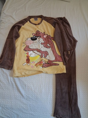 Adult pajamas with Taz Looney Tunes print, like new, brown and yellow velvet