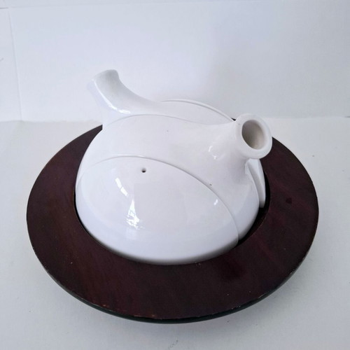 Porcelain condiment set for salt, pepper, oil, vinegar on wooden base like new
