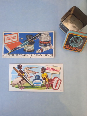 Pelikan metal retro box with vintage advertising blotters used