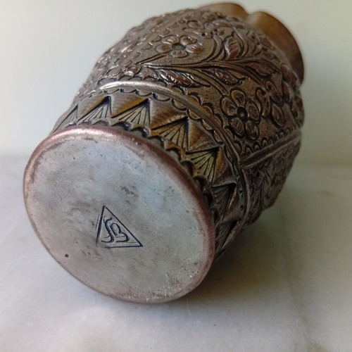 Handmade hammered silver-plated copper vase 9.5 cm used