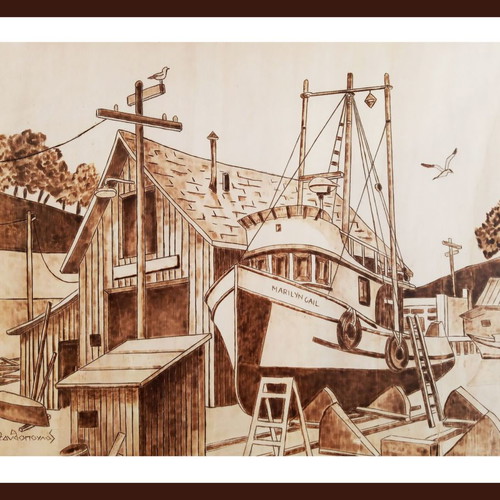 Pyrography painting Psaradiko new, poplar wood 40x30cm