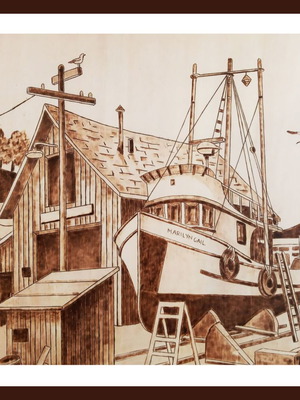 Pyrography painting Psaradiko new, poplar wood 40x30cm