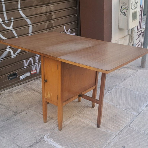 Dining table used with 2 drop-leaves and cabinet with shelf
