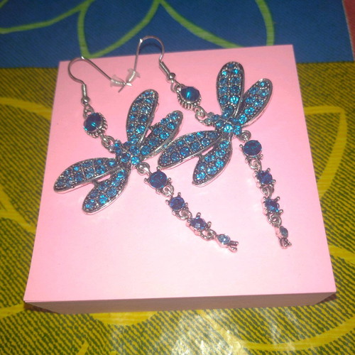 Dragonfly-shaped dangling earrings like new, blue and silver