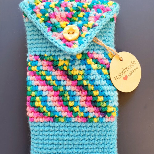 Boho turquoise glasses case with multicolored stripes, handmade
