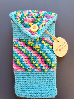 Boho turquoise glasses case with multicolored stripes, handmade