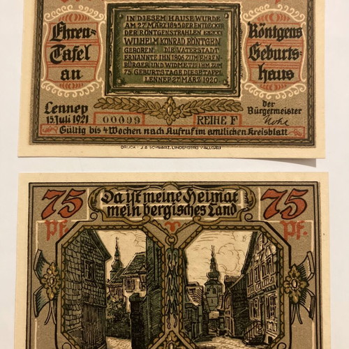Collectible folder with 7 Notgeld banknotes Lennep 1921 new