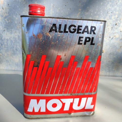 Motul tin oil can used, 80s 90s, with marks and rust