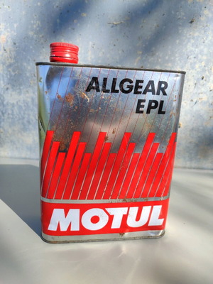 Motul tin oil can used, 80s 90s, with marks and rust