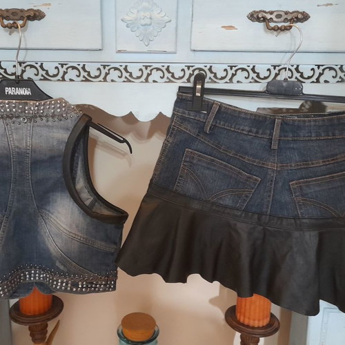 Cinema denim skirt and vest set with genuine leather like new