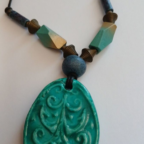 Handmade Boho Necklace with Embossed Ceramic Pendant, turquoise, 44 cm