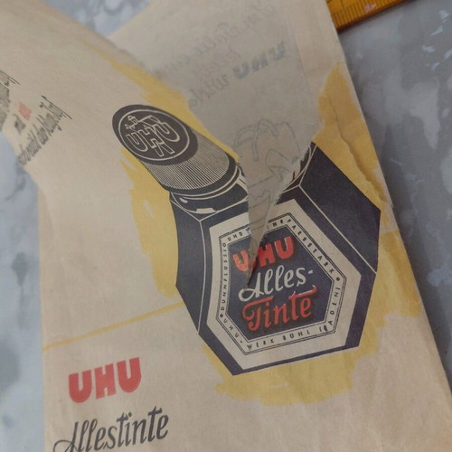 UHU glue with paper packaging and promotional envelope from 1960s used