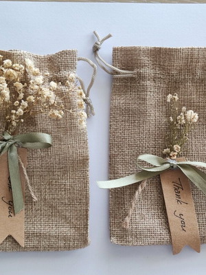 Baptism pouches like new, set of 2, linen with dried flower