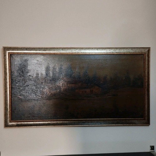 Oil painting frame 1970 like new, house by the lake